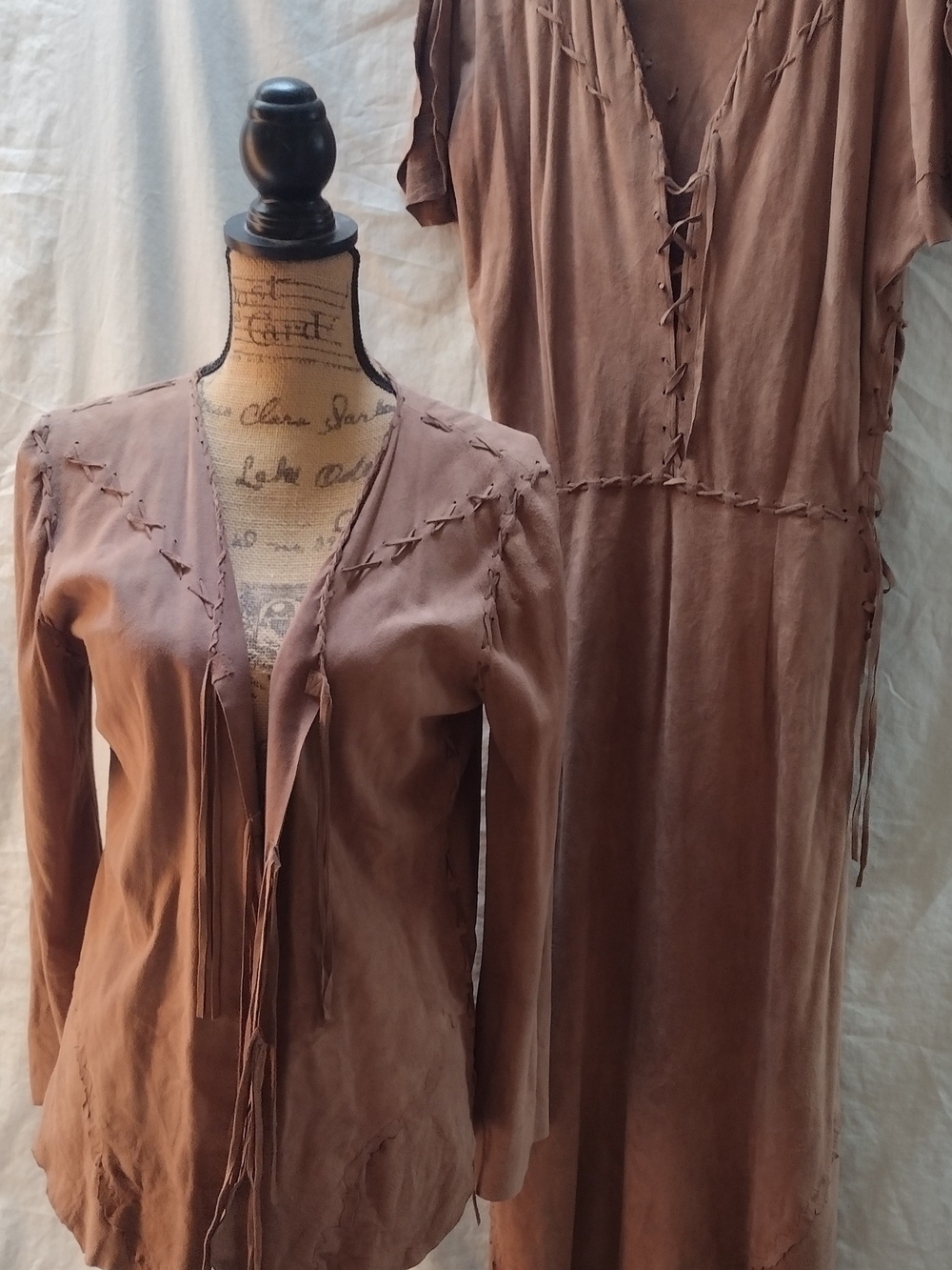 Women Tribal Brown Suede Boho Lace-Up Festival Dress & Jacket